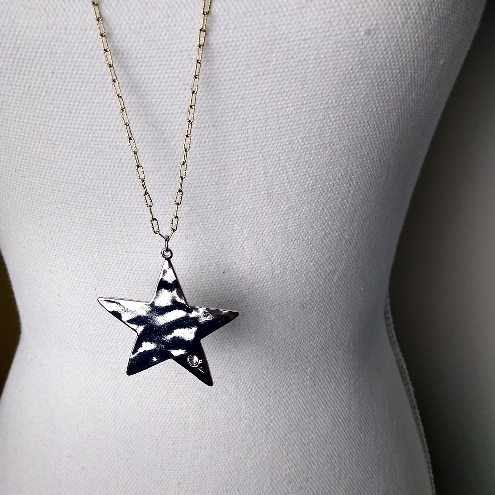 Lane Bryant Gold Tone Silver Tone 36" Long Hammered Textured Star Rhinestone NWT